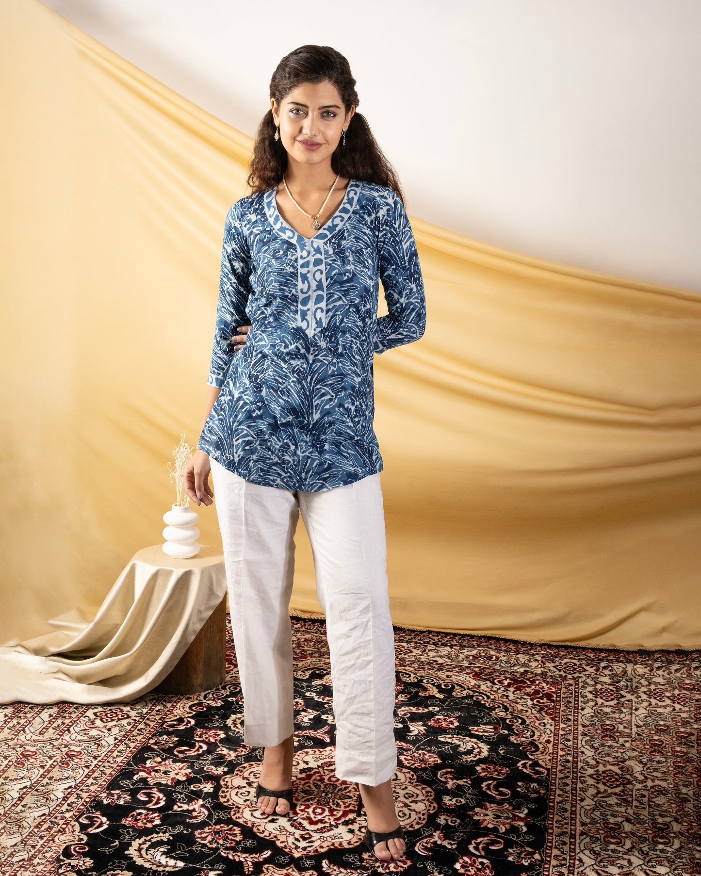 Indigo V neck hand printed short kurta