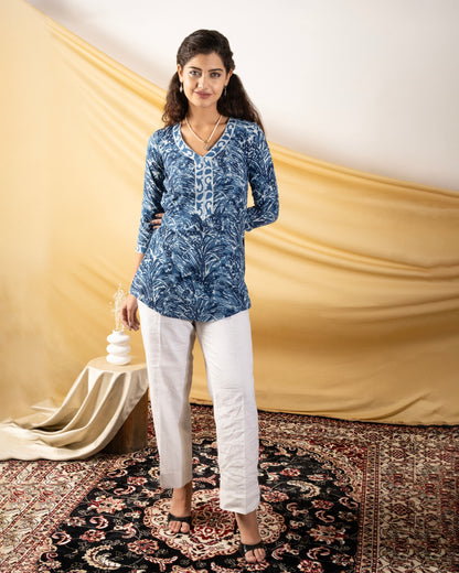 Indigo V neck hand printed short kurta