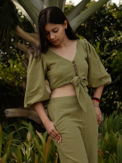 Parveen, Green Khadi Cotton Crop Top & Pant.