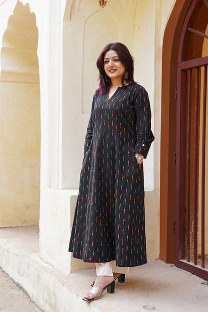 Black Ikat handloom dress, both side pocket