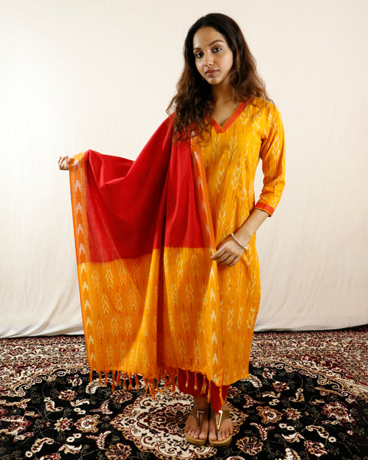 Mustard Glow Ikat Suit Set – Mustard kurta with red pant & shaded dupatta (mustard-red)
