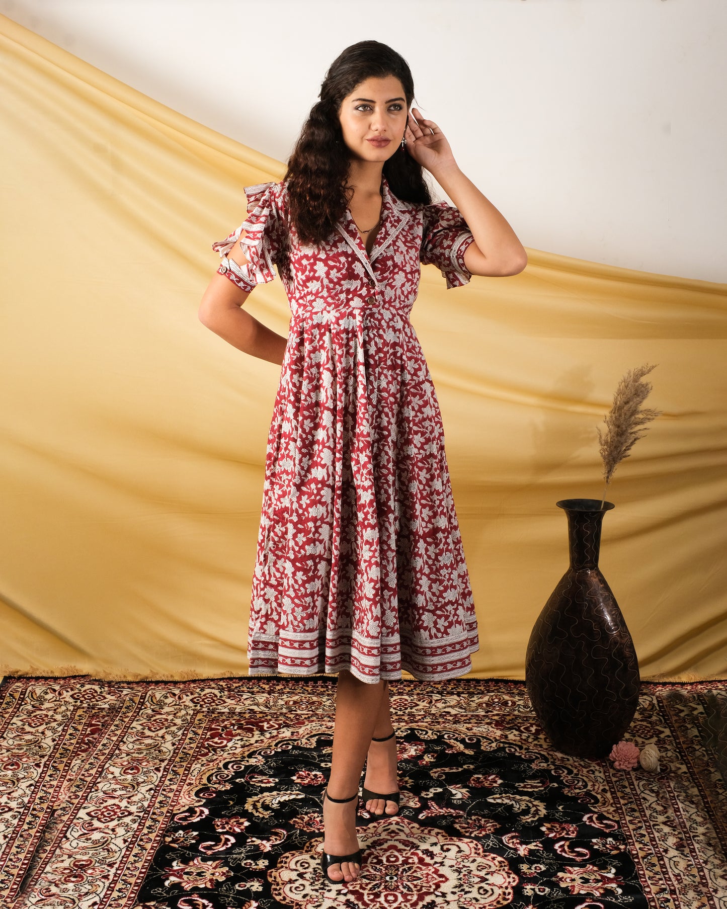 Gulmohar, Indowester midi dress with comfort fit and an all-over floral handblock design.