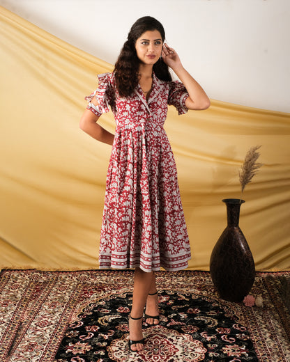 Gulmohar, Indowester midi dress with comfort fit and an all-over floral handblock design.