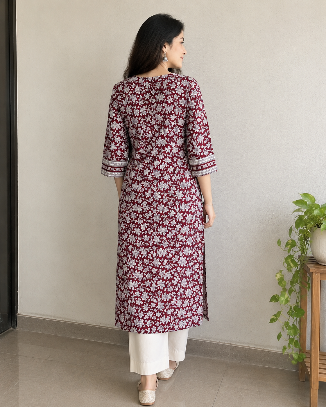 Maroon Handprinted Cotton A-Line Kurta with White Floral Print