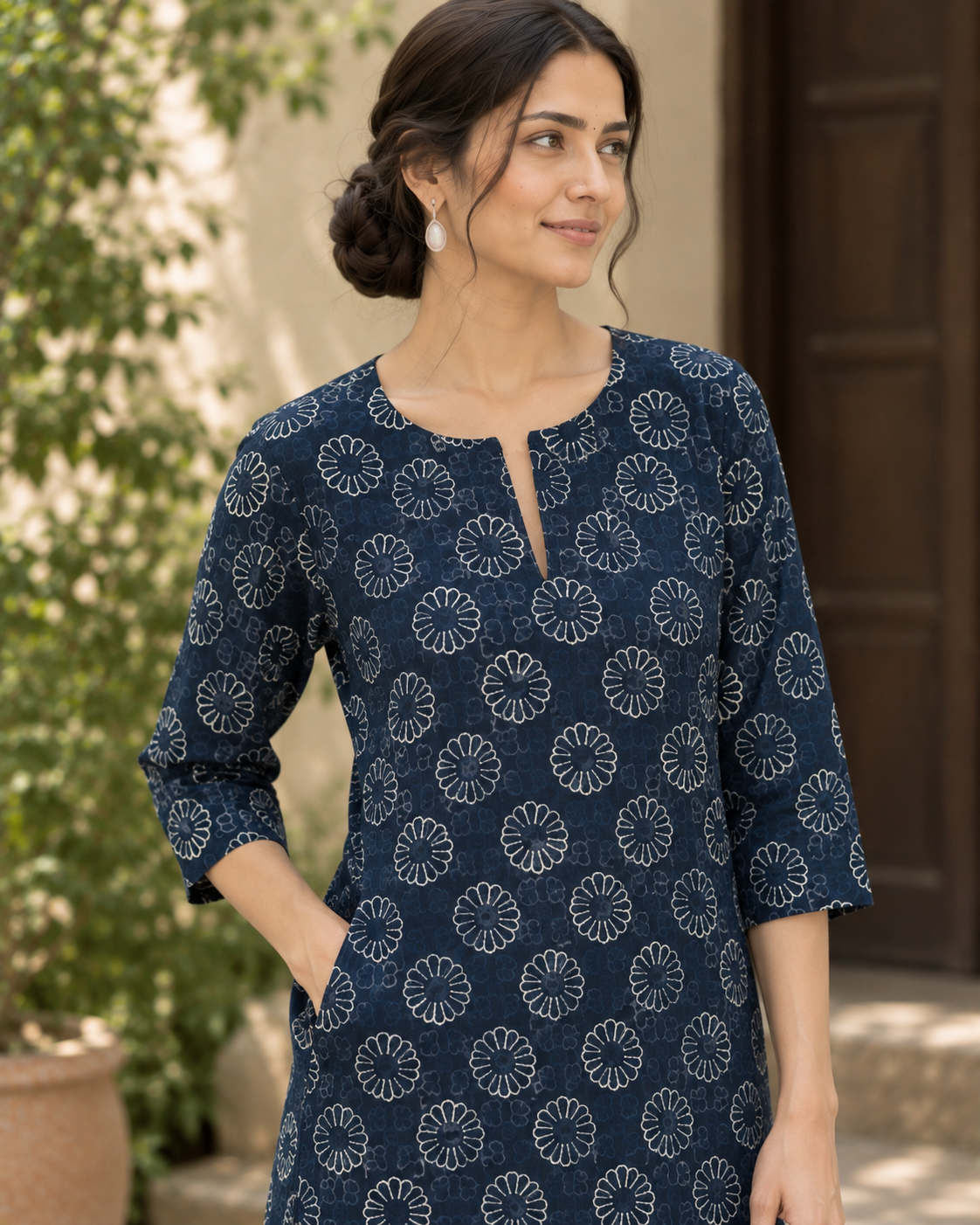 Navy Blue Floral Dabu Hand Block Printed Cotton Straight Kurta