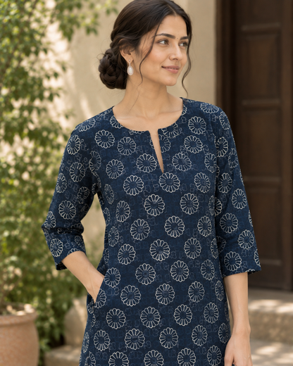 Navy Blue Floral Dabu Hand Block Printed Cotton Straight Kurta