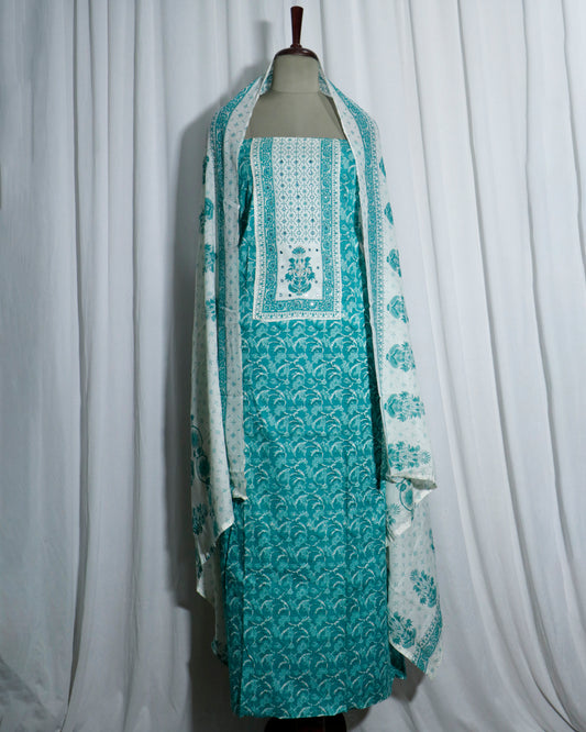Printed Sea green Cotton suit set with Hand detailing on Neck Yoke