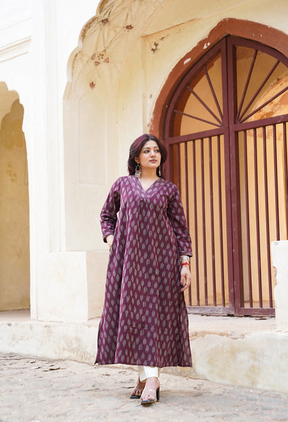 Wine Ikat Handwoven Cotton Kurta with Bell Sleeves