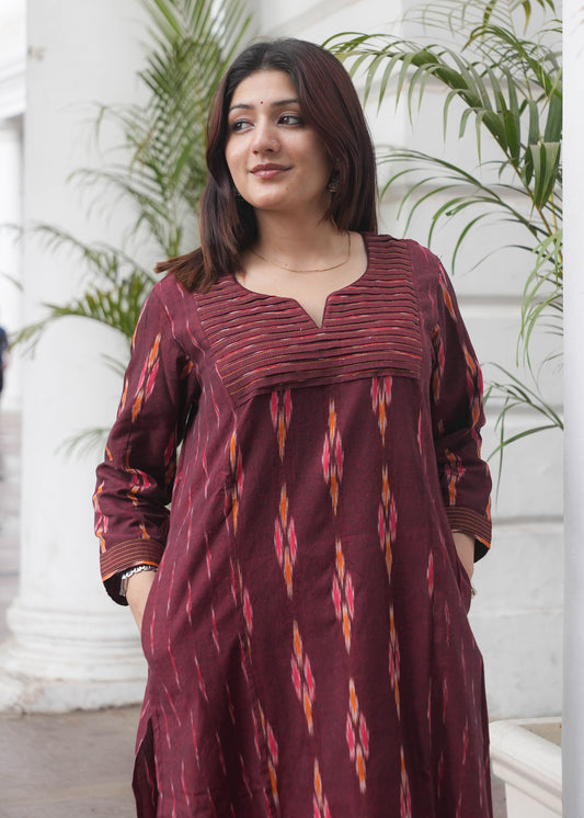 Maroon Handloom Ikat Princess Cut Kurta with Dual Print Design & Side Pockets