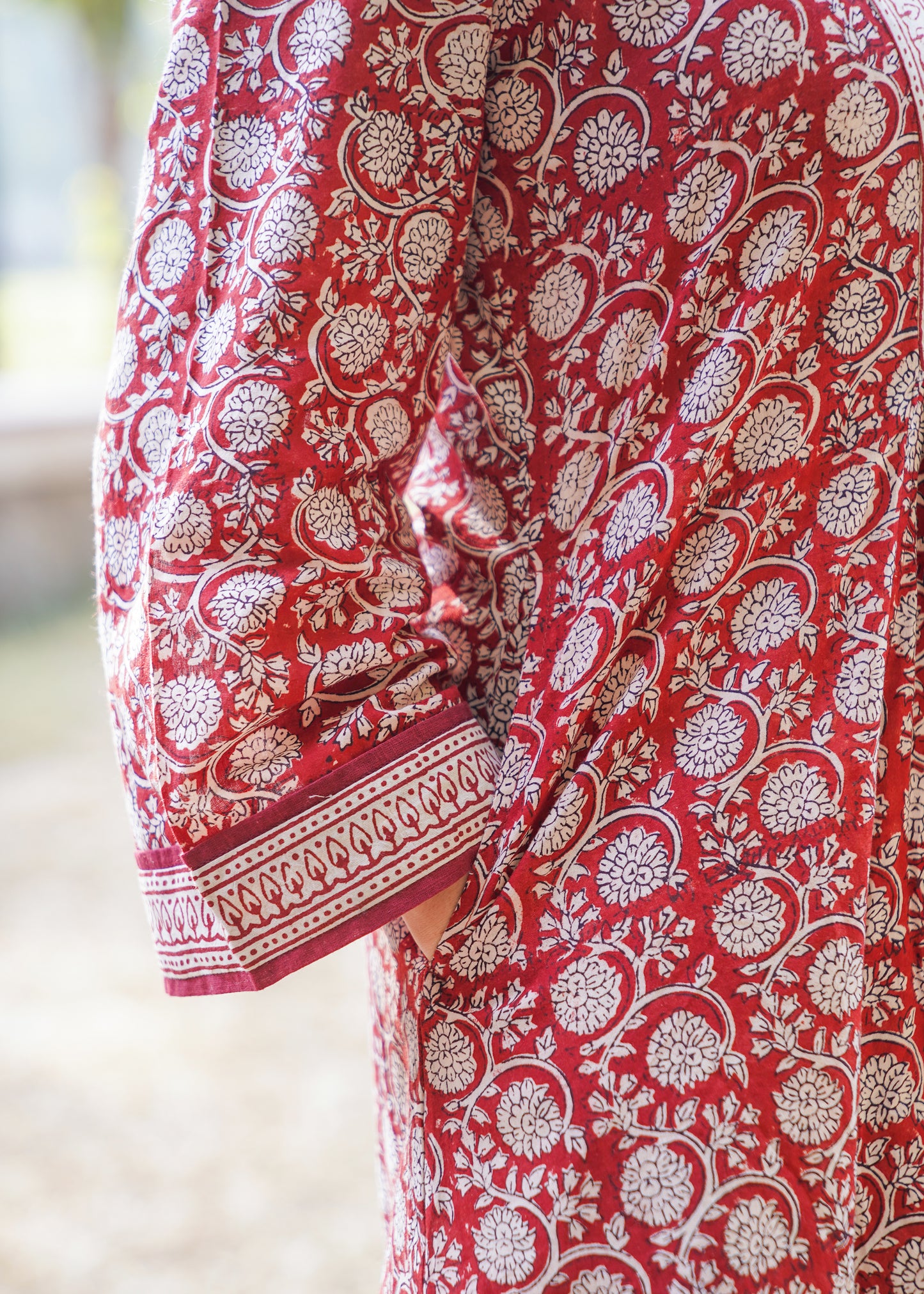 Maroon- Bagh handprinted dress with bell sleeves & pocket both side