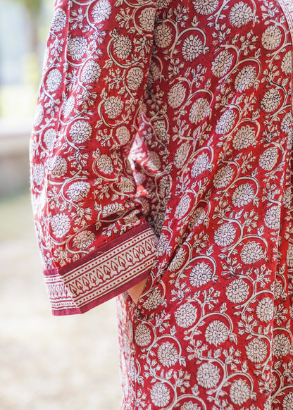 Maroon- Bagh handprinted dress with bell sleeves & pocket both side