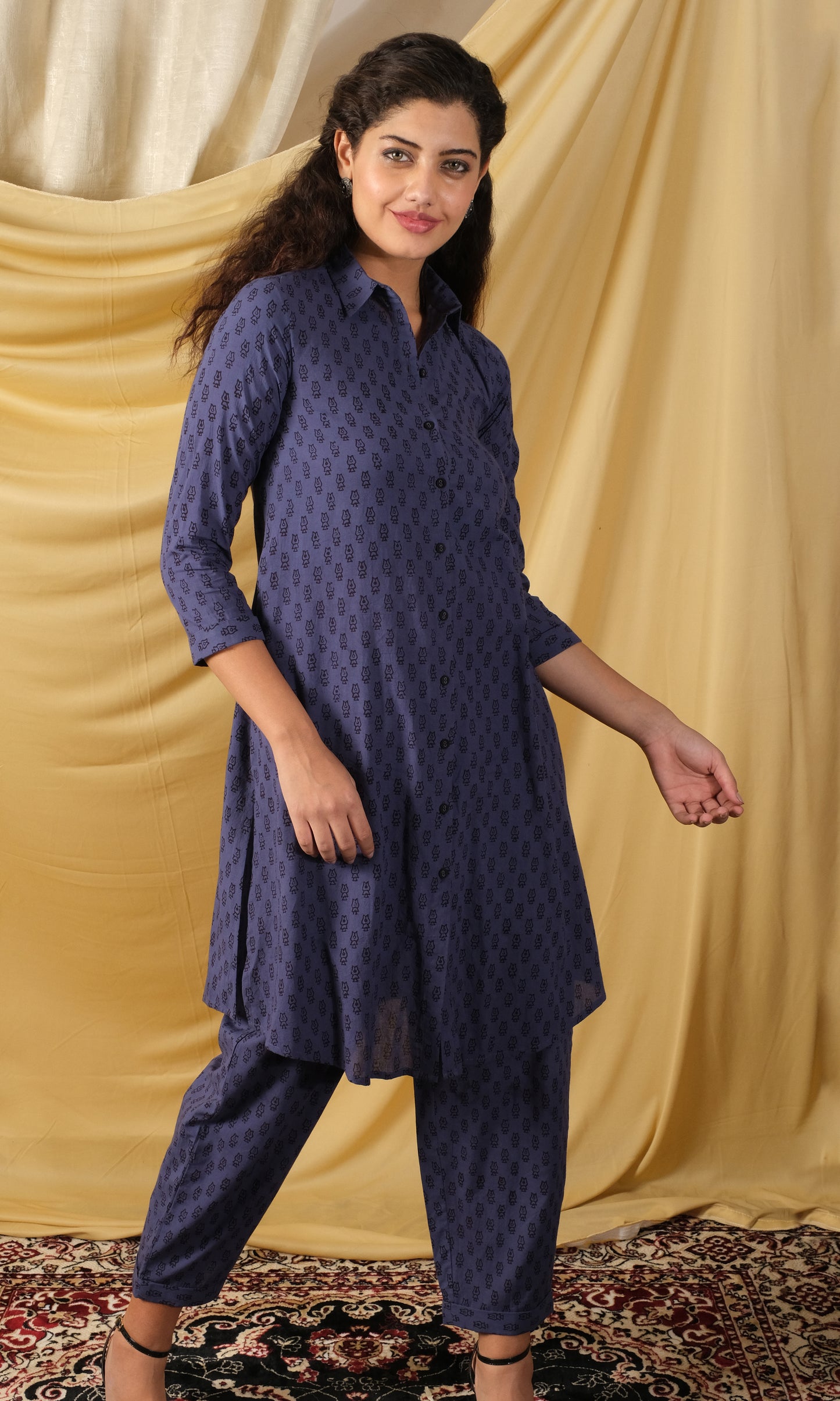 Bagh, Handprinted Indigo cotton Co-ord set, with front open shirt & straight fit pant