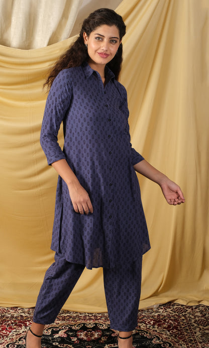 Bagh, Handprinted Indigo cotton Co-ord set, with front open shirt & straight fit pant
