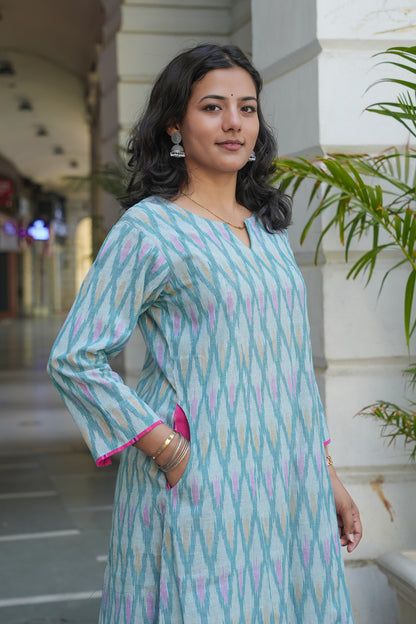 Handcrafted Pastel Ikat Long Cotton Dress