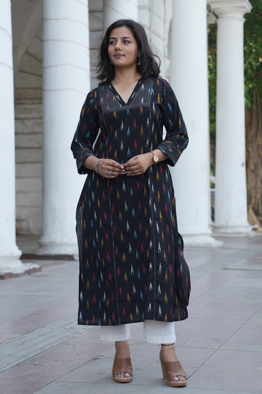 Black Handloom Ikat Cotton Kurta