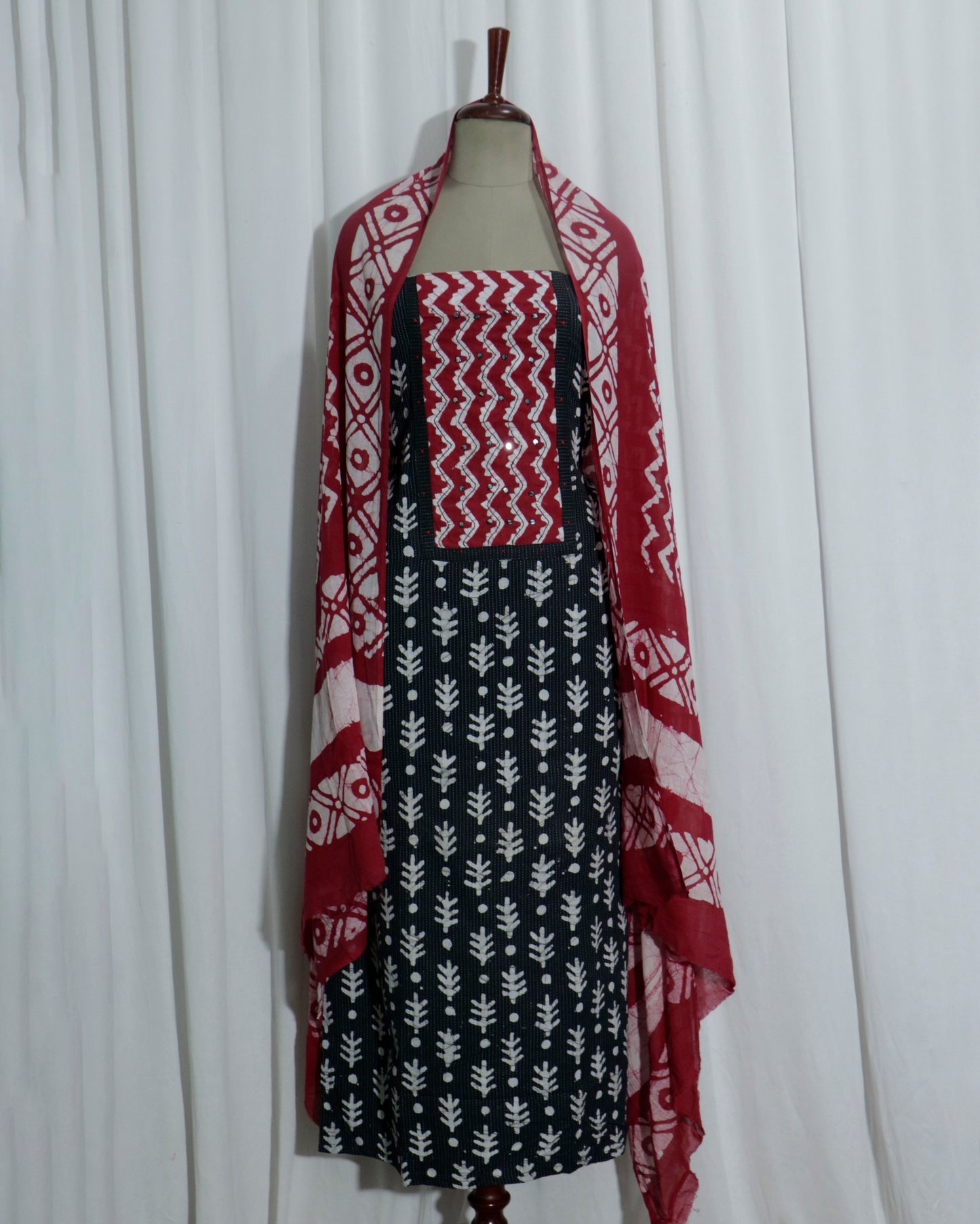 Batik Handprinted Kantha Stitched 3 piece suit set