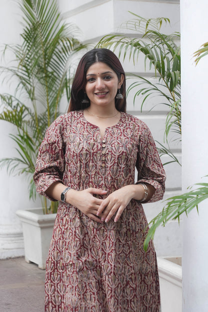 Rust Maroon Handcrafted Kalamkari A-Line Kurta