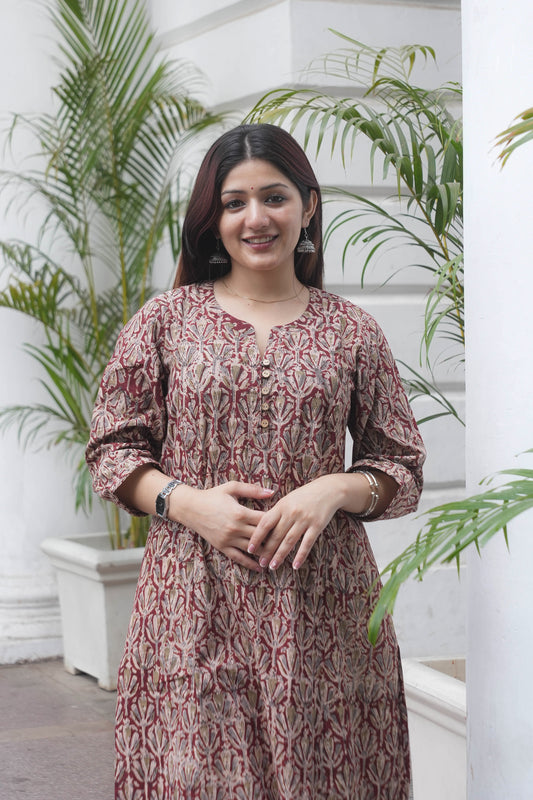 Rust Maroon Handcrafted Kalamkari A-Line Kurta