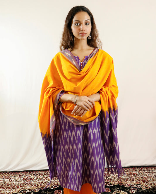 Purple Dawn Ikat Suit Set – Purple kurta with orange pant & shaded dupatta (purple-orange)