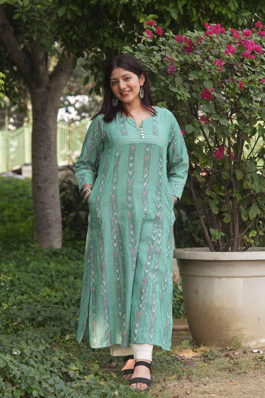 Handloom Ikat Green Cotton Kurta – Everyday Elegant Ethnic Wear