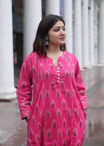 Pink Handwoven Ikat A-Line Kurta with Thread Work & Shell Buttons