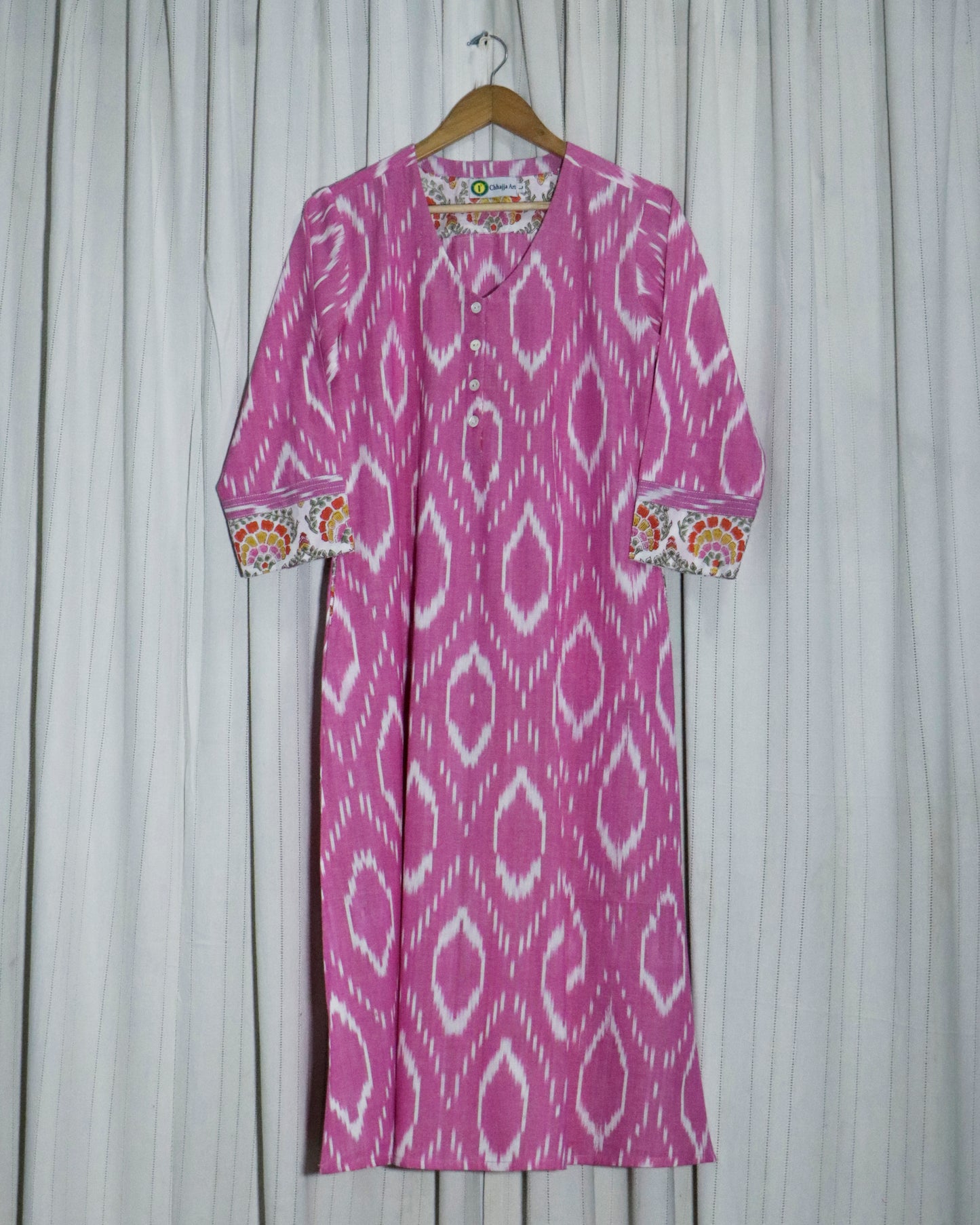 Handwoven Pink Ikat A-Line Kurta with Princess Cut & Side Pockets