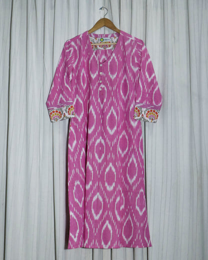 Handwoven Pink Ikat A-Line Kurta with Princess Cut & Side Pockets