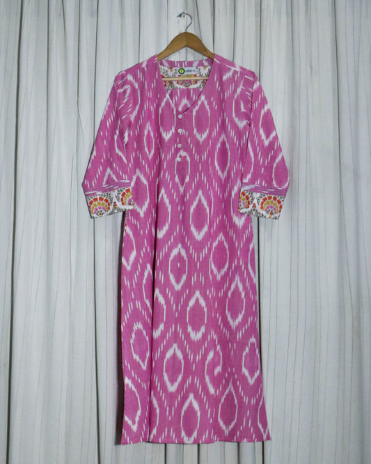 Handwoven Pink Ikat A-Line Kurta with Princess Cut & Side Pockets