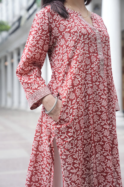 Maroon Bagh Hand Block Printed Cotton Straight Kurta for Women