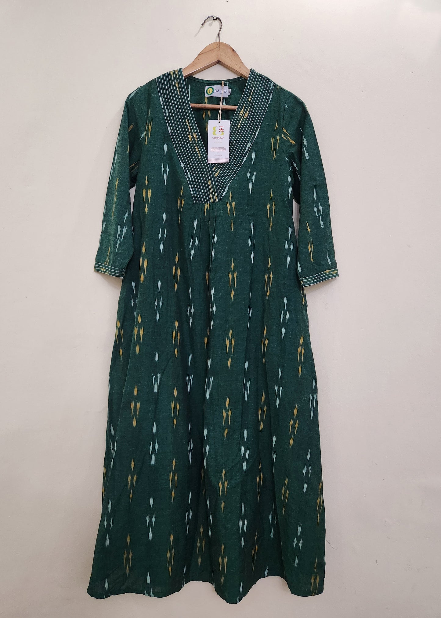 Neelima Green handwoven ikat A line kurti with pockets on both sides