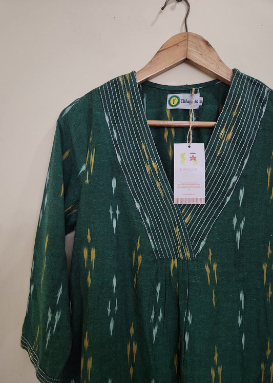 Neelima Green handwoven ikat A line kurti with pockets on both sides