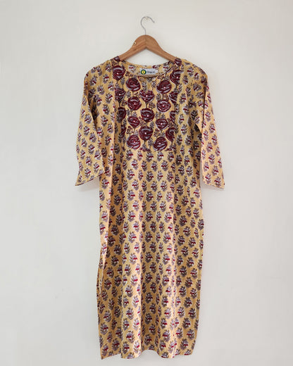 Mustard coloured  cotton handblocked straight fit cotton kurta