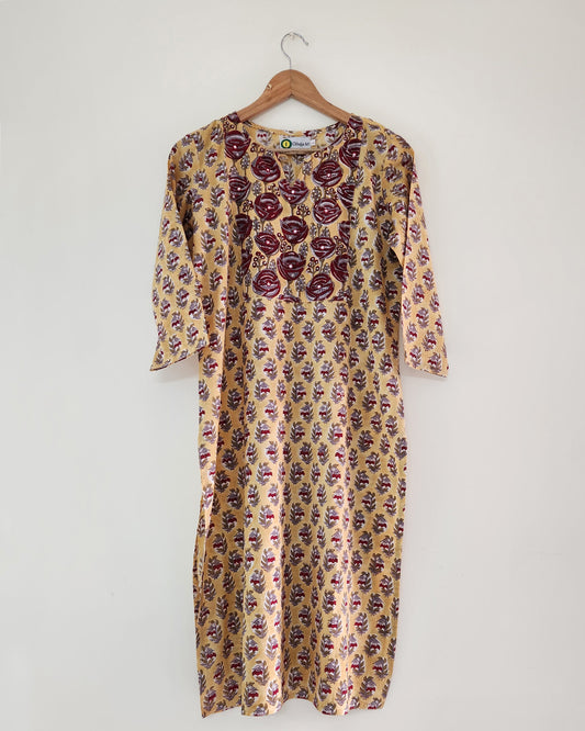 Mustard coloured  cotton handblocked straight fit cotton kurta