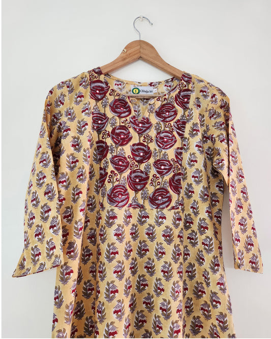 Mustard coloured  cotton handblocked straight fit cotton kurta
