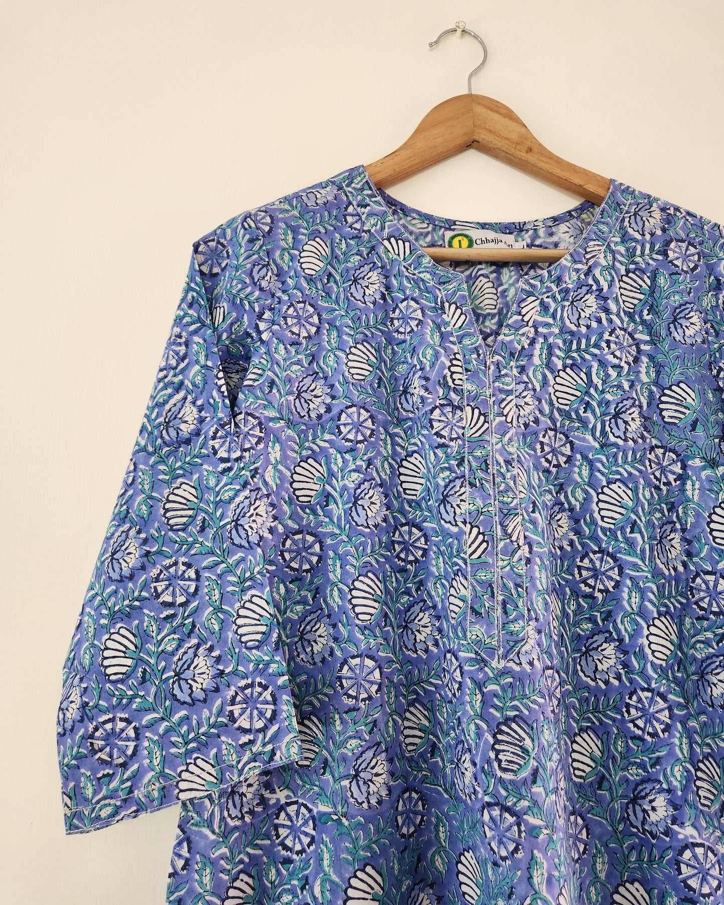 Dhara, sky blue hand blocked straight fit kurta