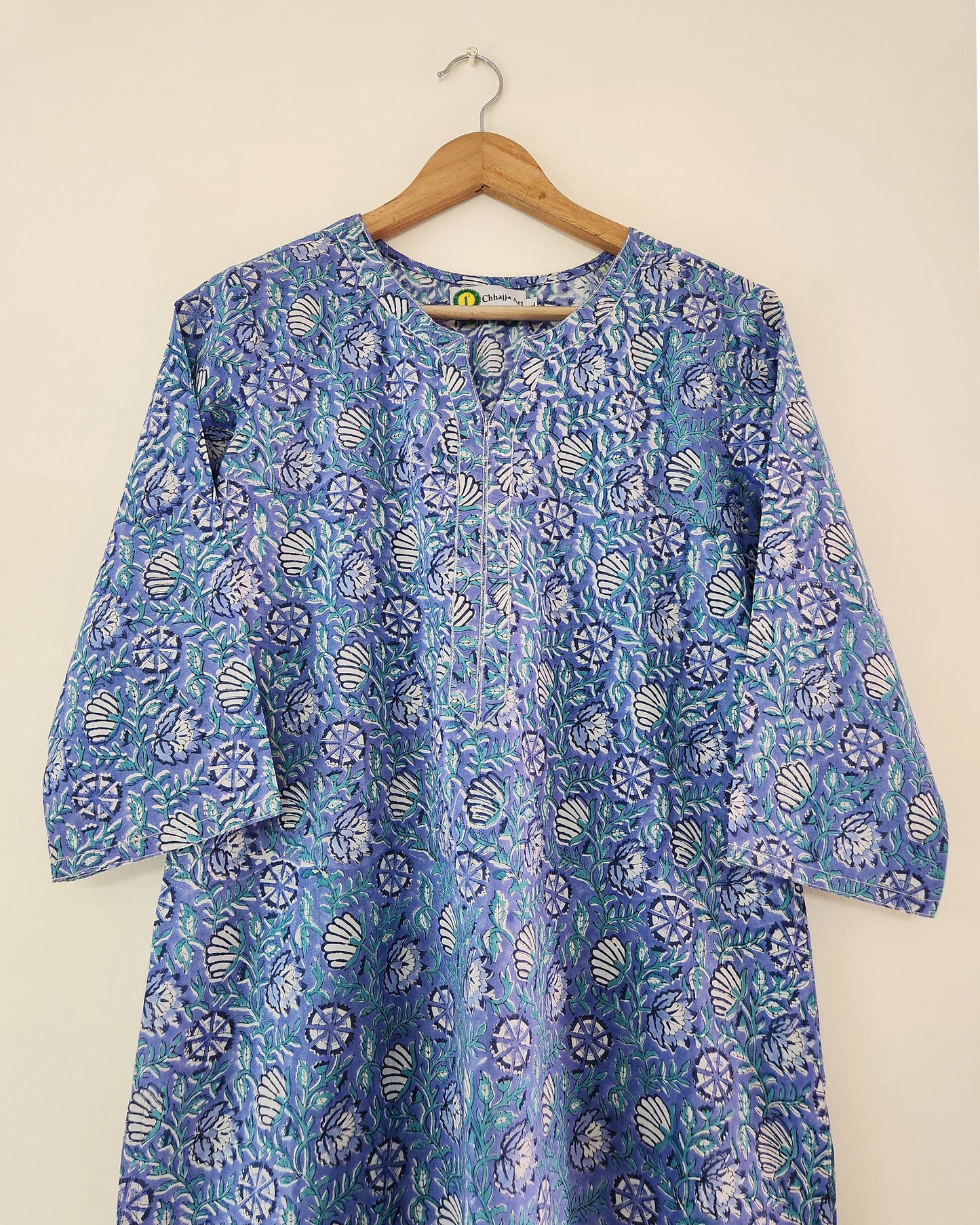 Dhara, sky blue hand blocked straight fit kurta