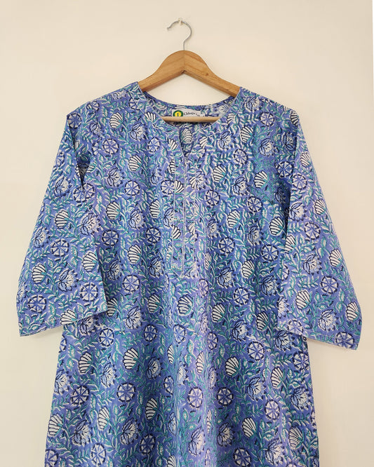 Dhara, sky blue hand blocked straight fit kurta