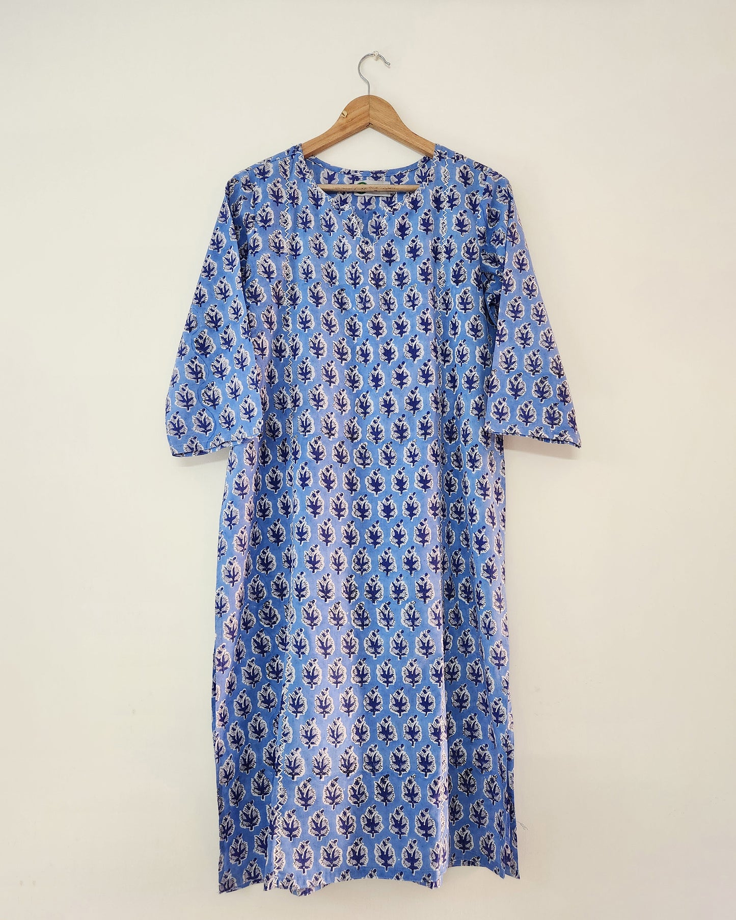 Sky blue handblocked straight fit kurta, with round v neck &  princess  cut