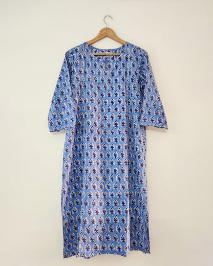 Sky blue handblocked straight fit kurta, with round v neck &  princess  cut
