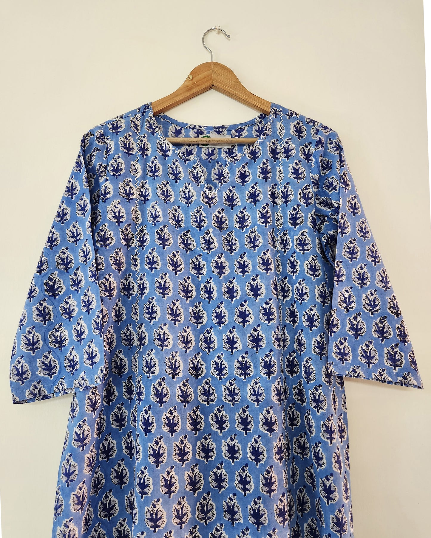 Sky blue handblocked straight fit kurta, with round v neck &  princess  cut