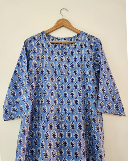Sky blue handblocked straight fit kurta, with round v neck &  princess  cut