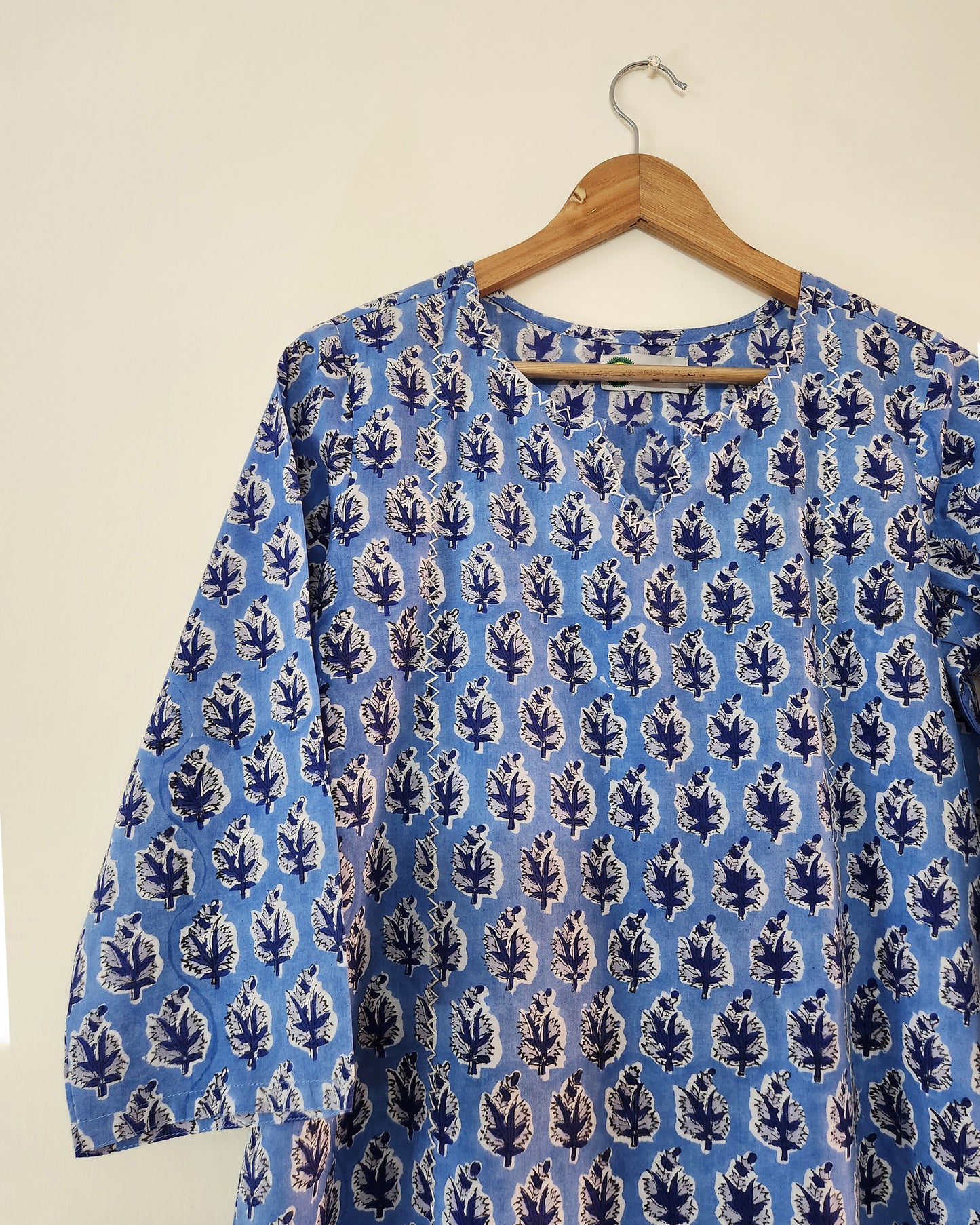 Sky blue handblocked straight fit kurta, with round v neck &  princess  cut