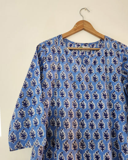 Sky blue handblocked straight fit kurta, with round v neck &  princess  cut