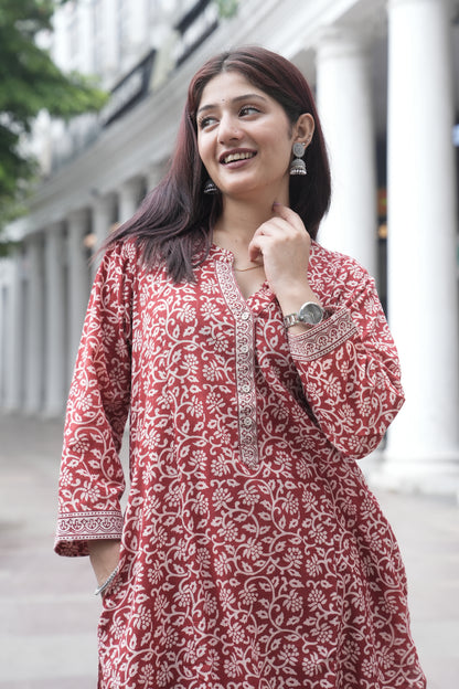 Maroon Bagh Hand Block Printed Cotton Straight Kurta for Women