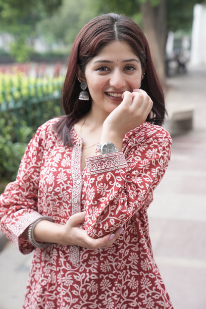 Maroon Bagh Hand Block Printed Cotton Straight Kurta for Women