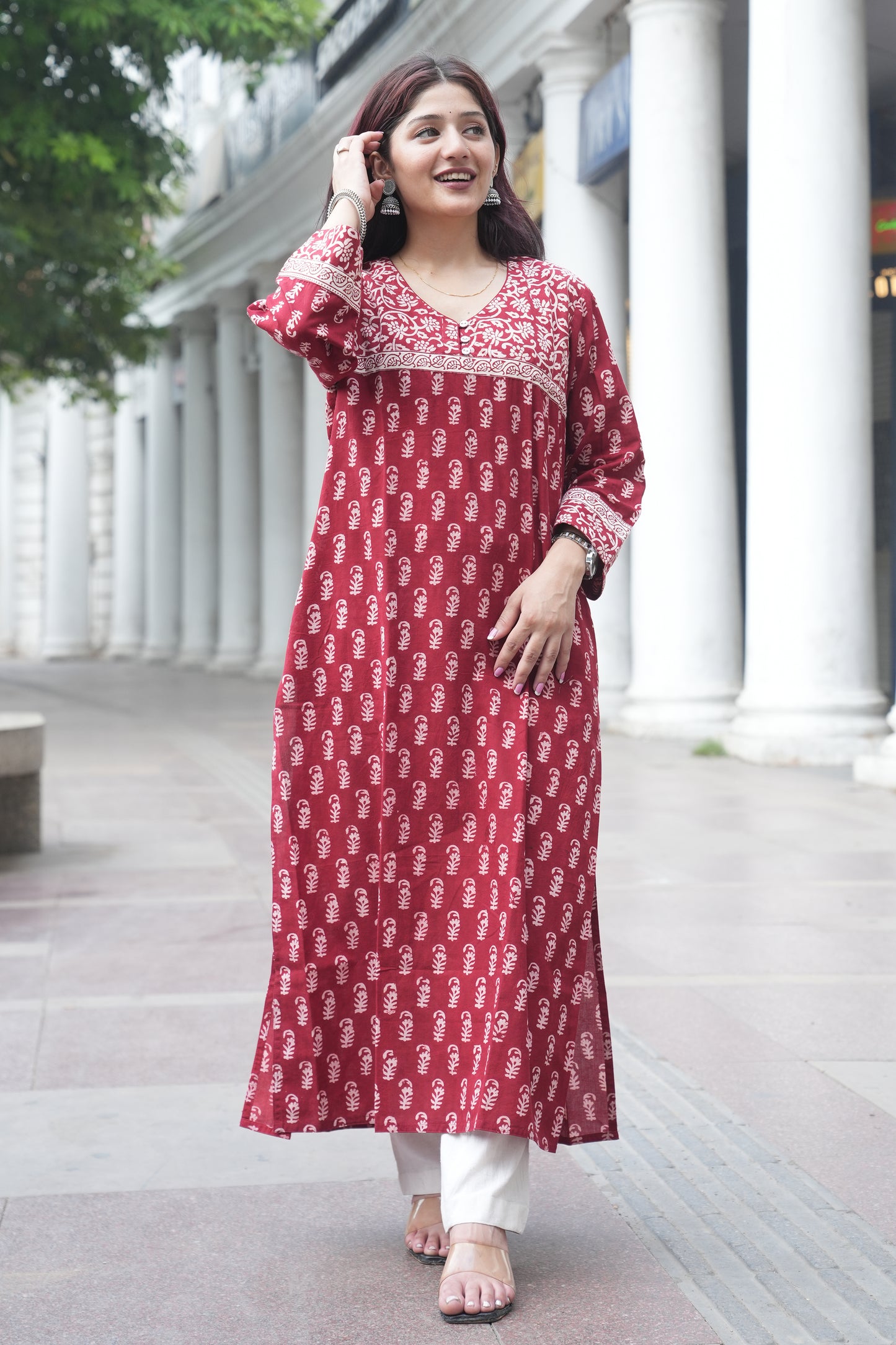 Maroon Bagh Hand Block Printed Straight Cotton Kurta for Women