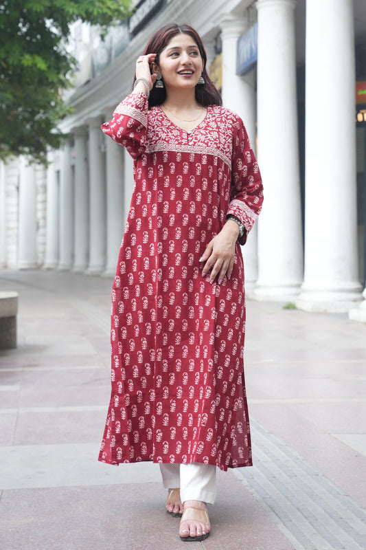 Maroon Bagh Hand Block Printed Straight Cotton Kurta for Women