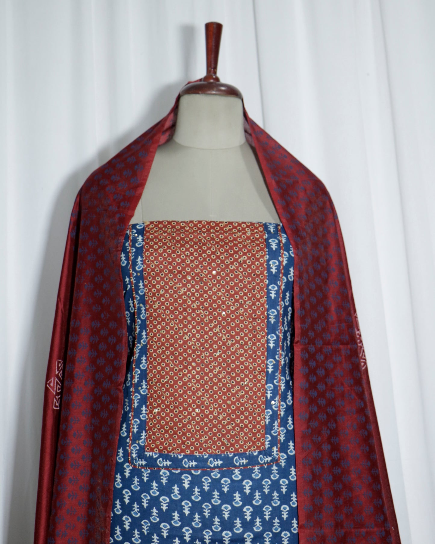 Indigo Handprinted 3 piece suit set with silk dupatta