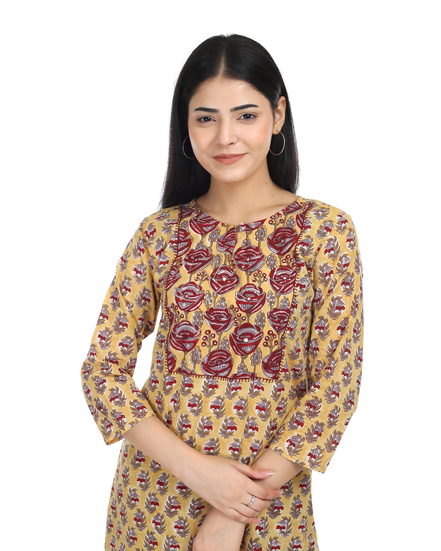Mustard coloured  cotton handblocked straight fit cotton kurta