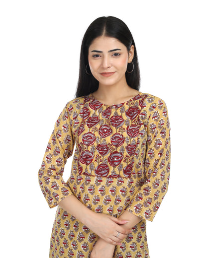 Mustard coloured  cotton handblocked straight fit cotton kurta